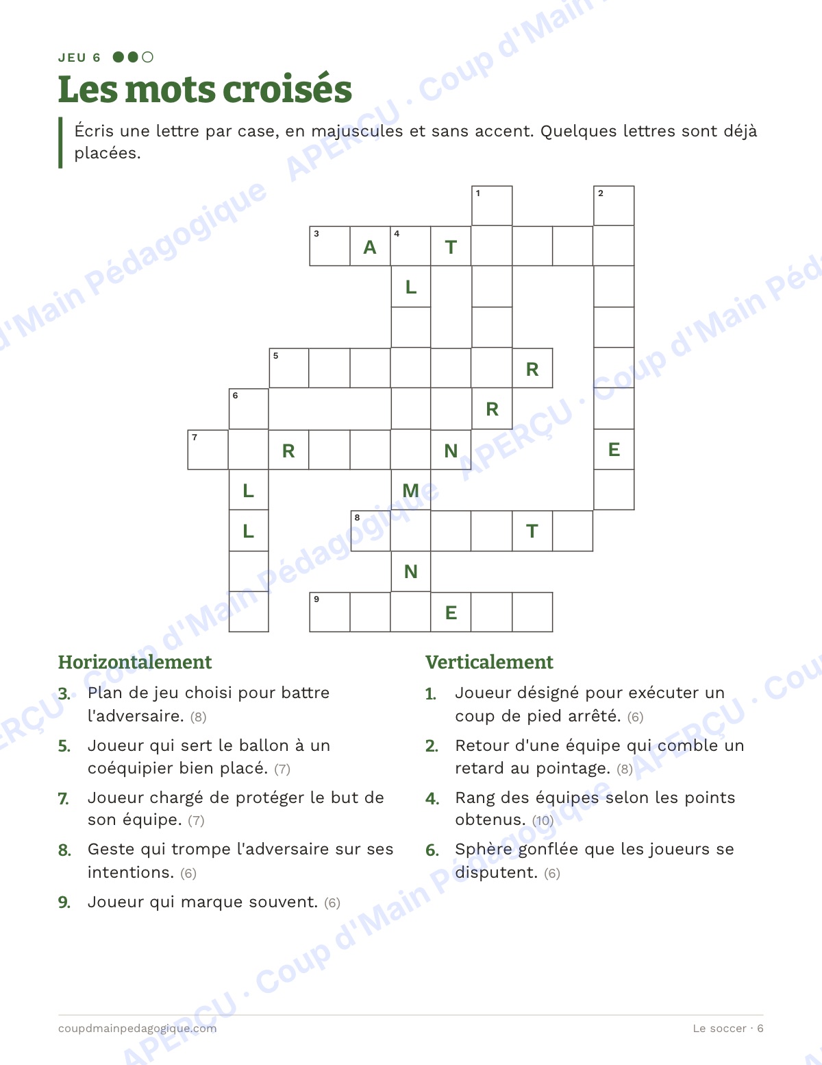 Page 6 — Le soccer — 7e-9e année, jeux de vocabulaire