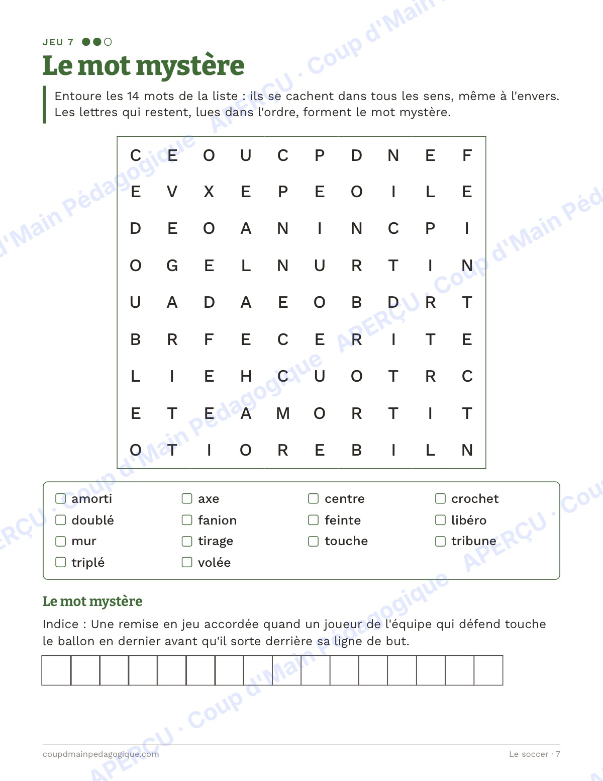 Page 7 — Le soccer — 7e-9e année, jeux de vocabulaire