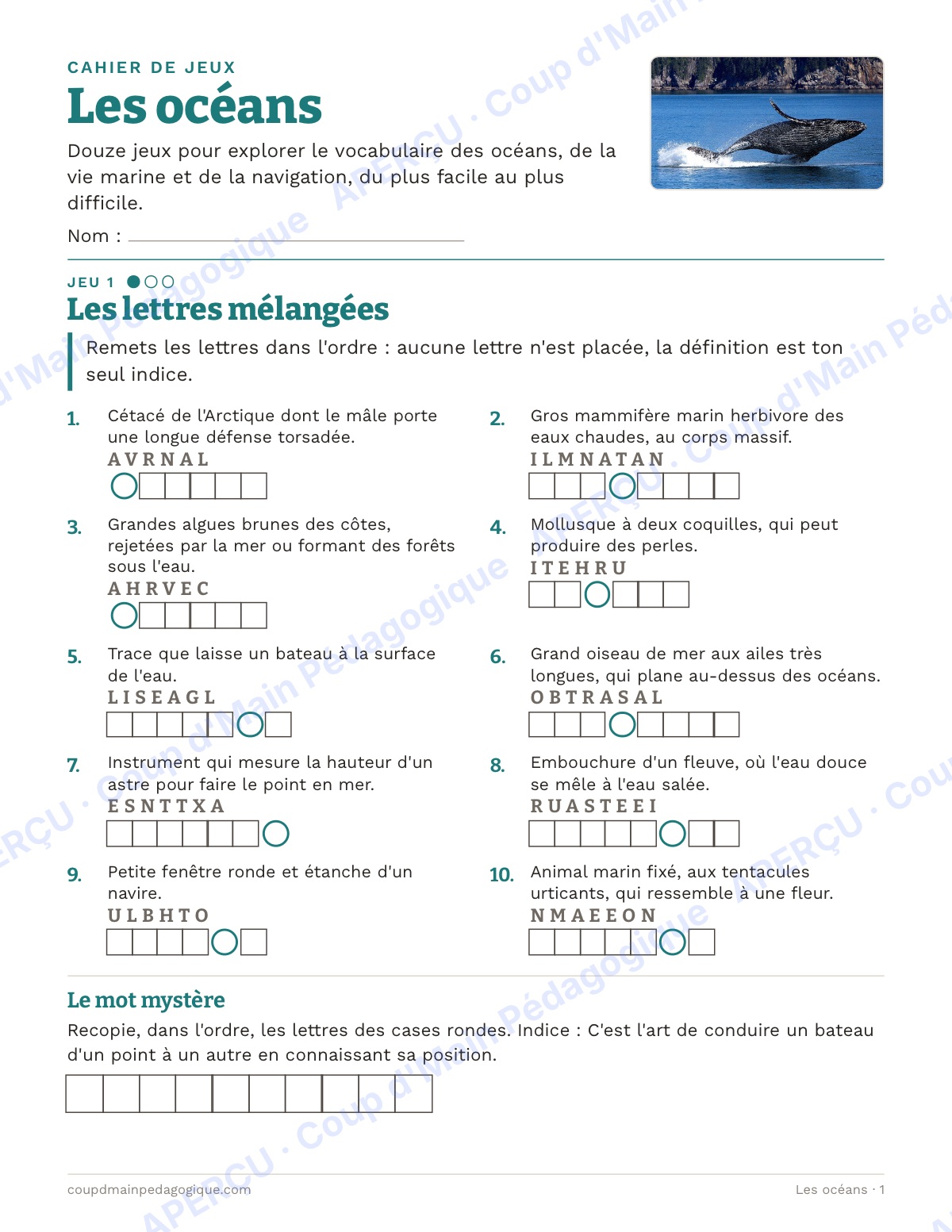 Page 1 — Les océans — 7e-9e année, jeux de vocabulaire