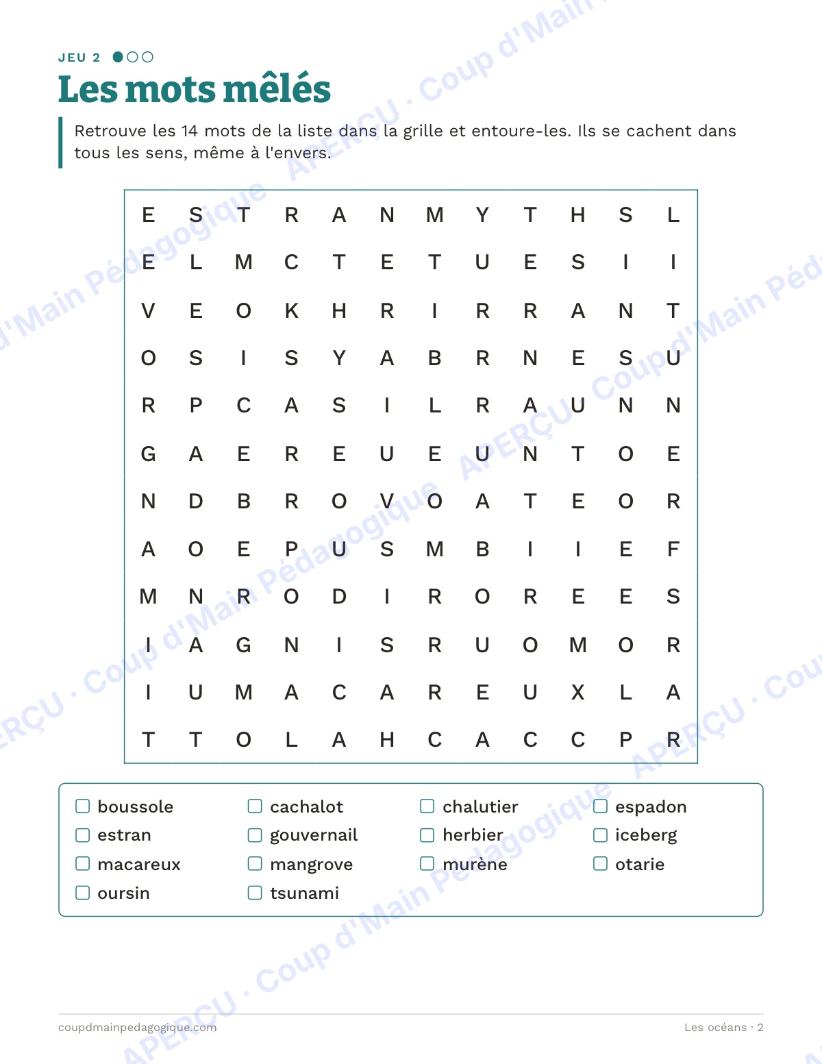 Page 2 — Les océans — 7e-9e année, jeux de vocabulaire