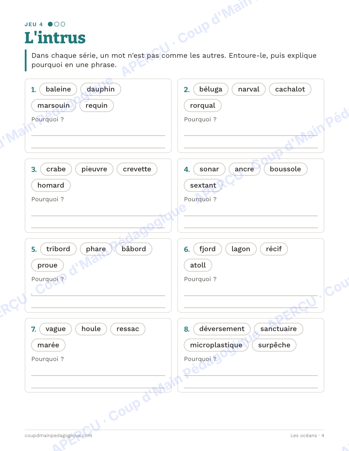 Page 4 — Les océans — 7e-9e année, jeux de vocabulaire