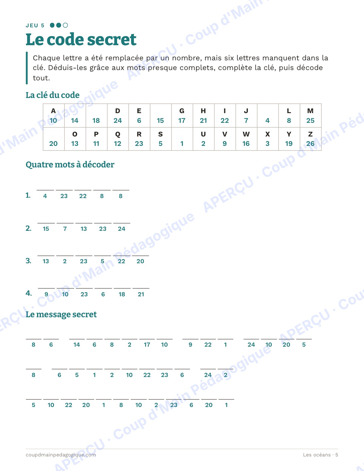 Page 5 — Les océans — 7e-9e année, jeux de vocabulaire