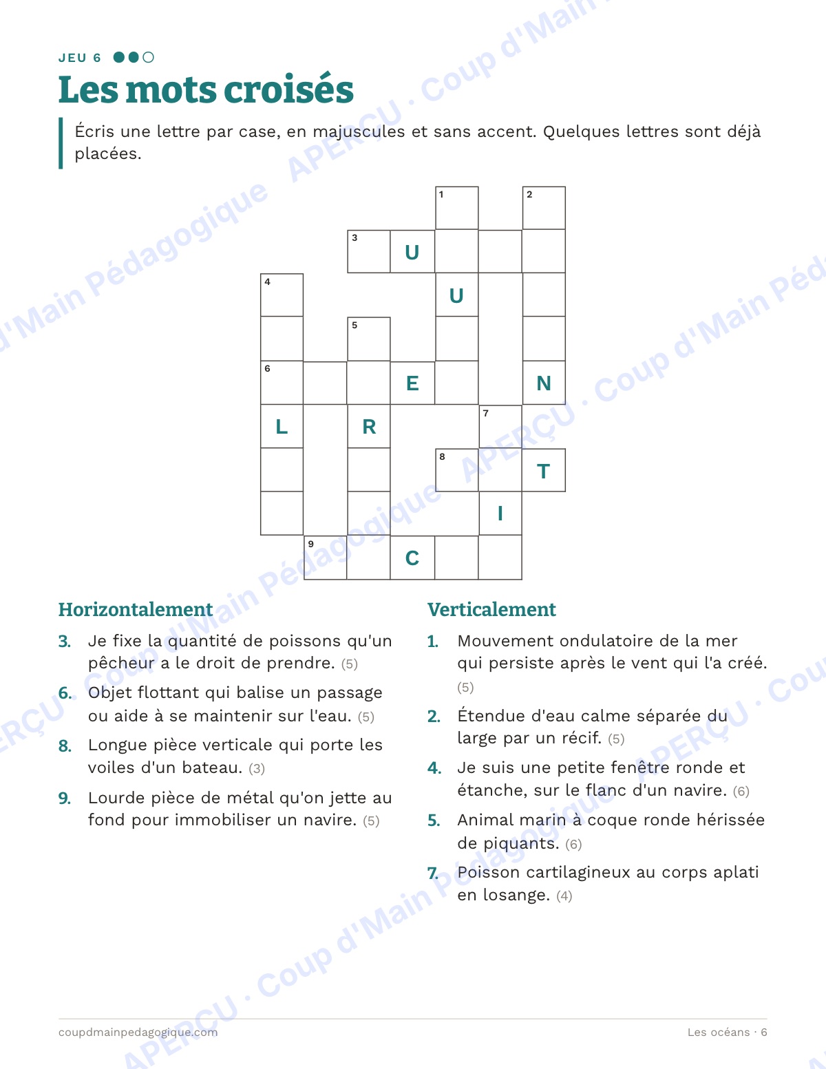 Page 6 — Les océans — 7e-9e année, jeux de vocabulaire