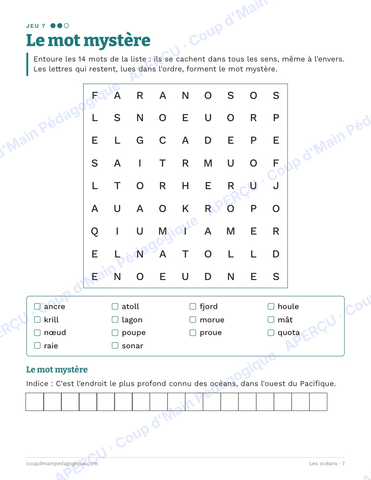 Page 7 — Les océans — 7e-9e année, jeux de vocabulaire