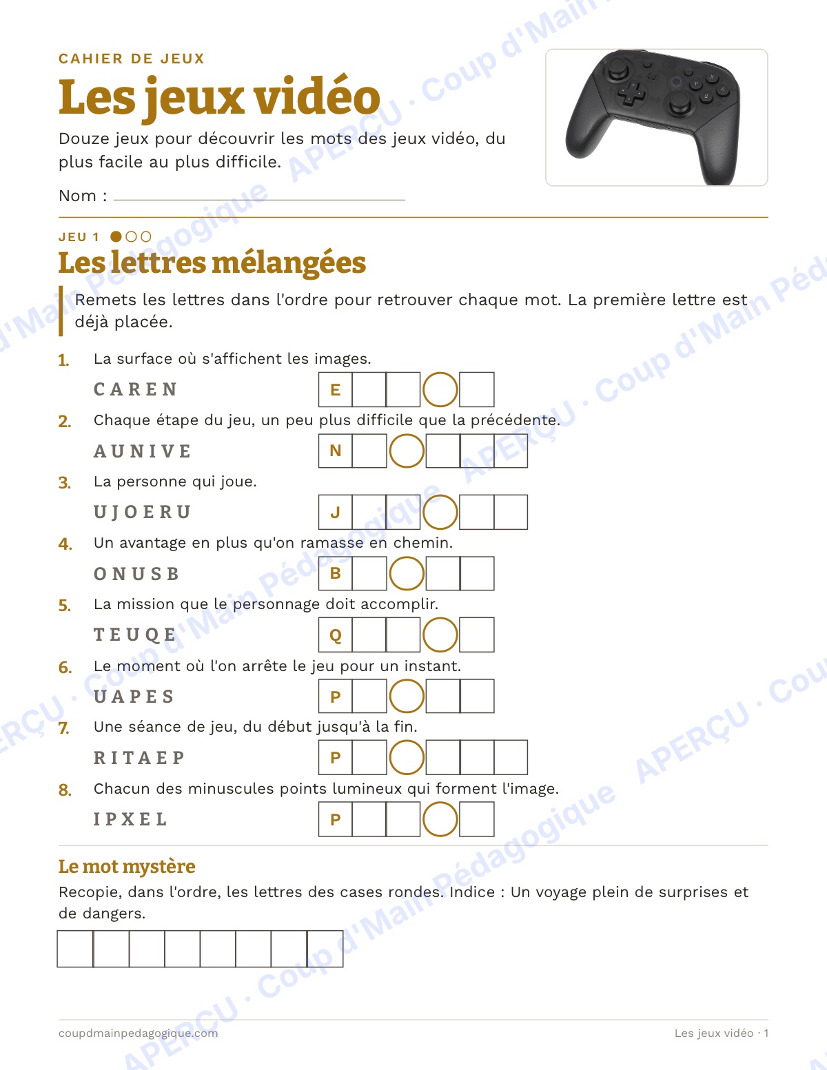 Page 1 — Les jeux vidéo — 4e-6e année, cahier de jeux de vocabulaire