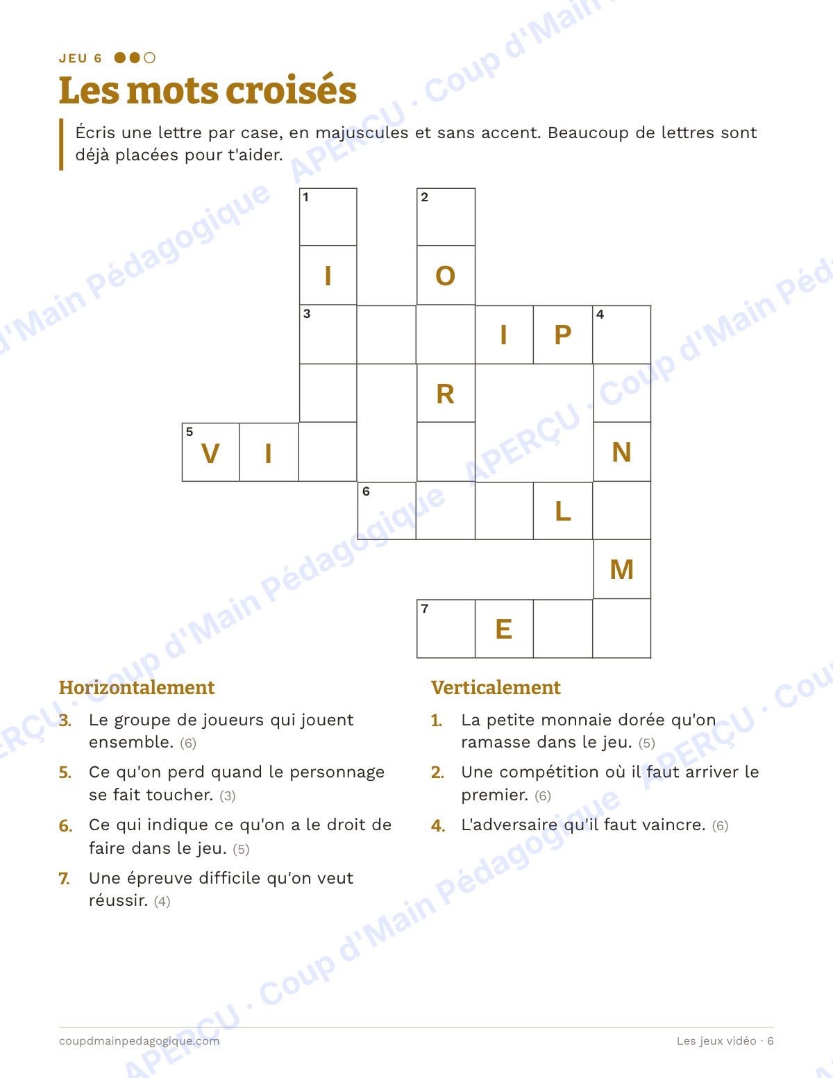 Page 6 — Les jeux vidéo — 4e-6e année, cahier de jeux de vocabulaire