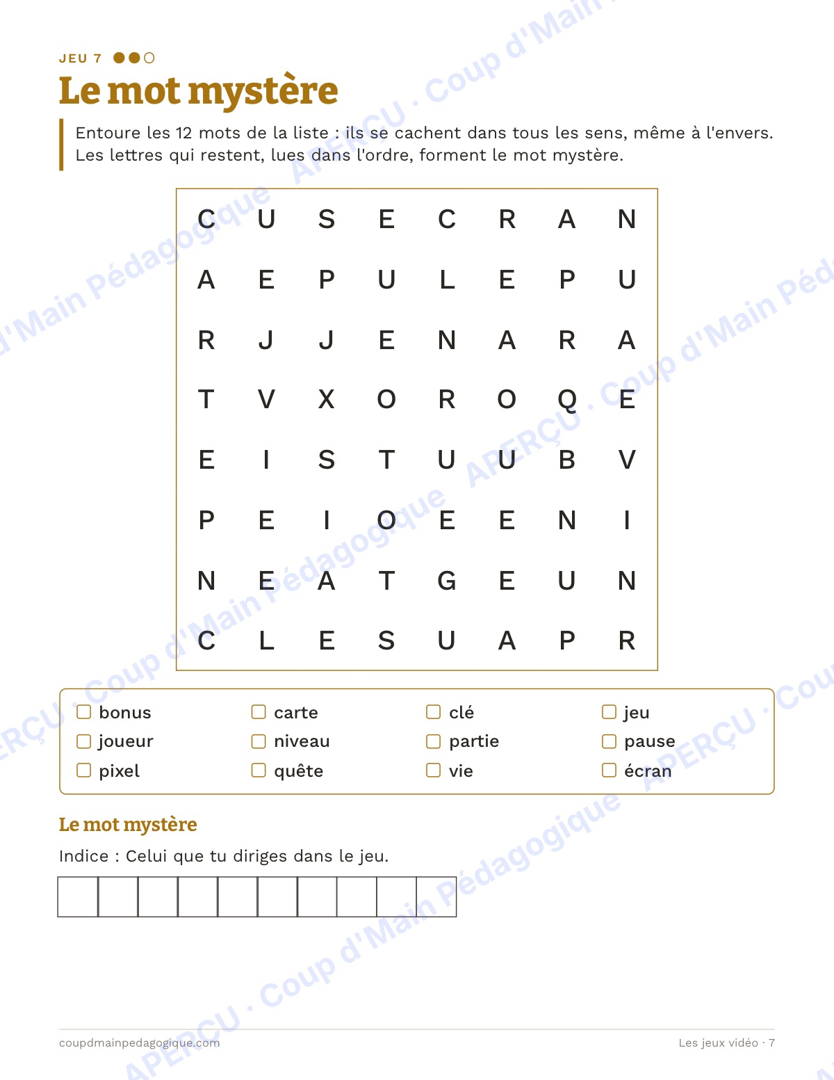 Page 7 — Les jeux vidéo — 4e-6e année, cahier de jeux de vocabulaire