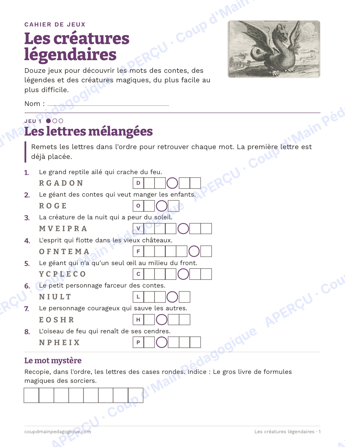Page 1 — Les créatures légendaires — 4e-6e année, cahier de jeux de vocabulaire