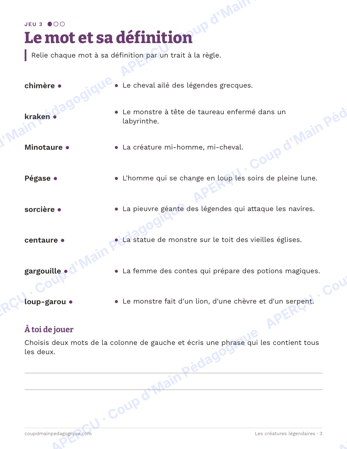 Page 3 — Les créatures légendaires — 4e-6e année, cahier de jeux de vocabulaire