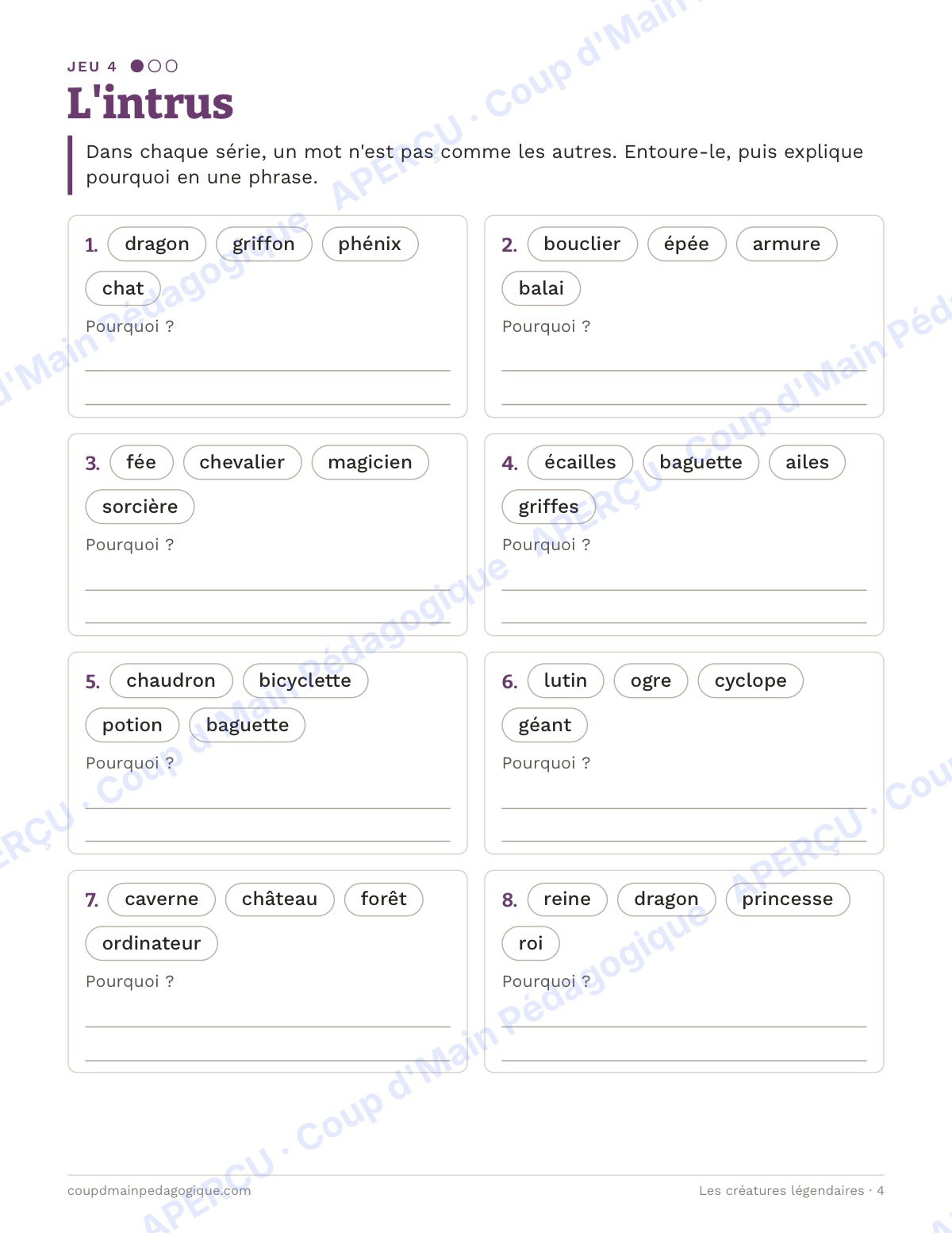 Page 4 — Les créatures légendaires — 4e-6e année, cahier de jeux de vocabulaire