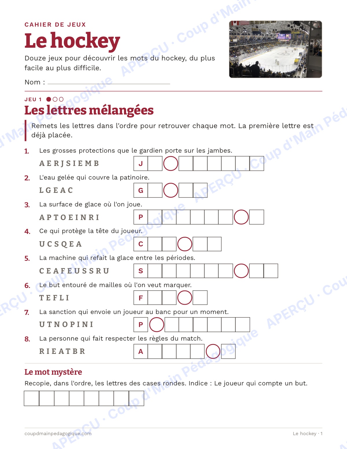 Page 1 — Le hockey — 4e-6e année, cahier de jeux de vocabulaire