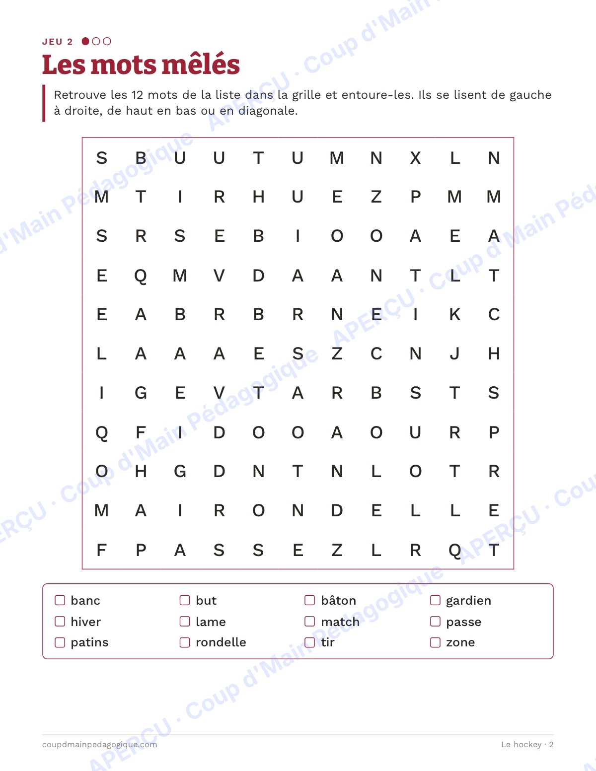 Page 2 — Le hockey — 4e-6e année, cahier de jeux de vocabulaire