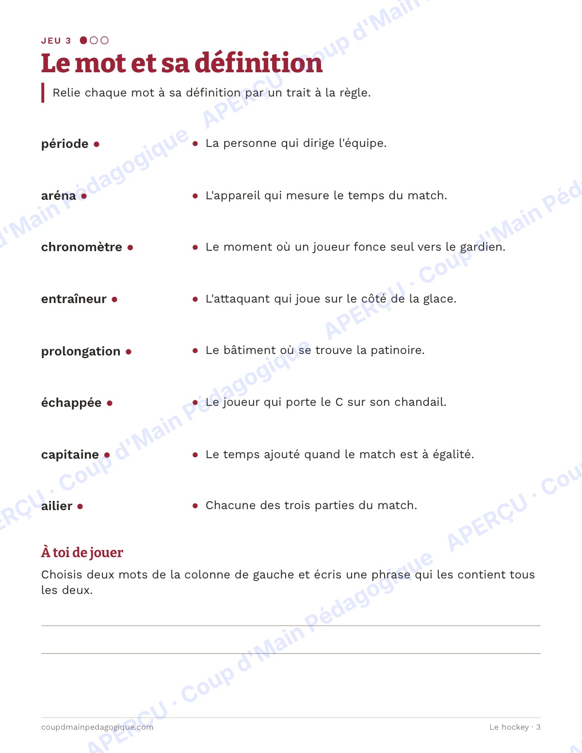 Page 3 — Le hockey — 4e-6e année, cahier de jeux de vocabulaire