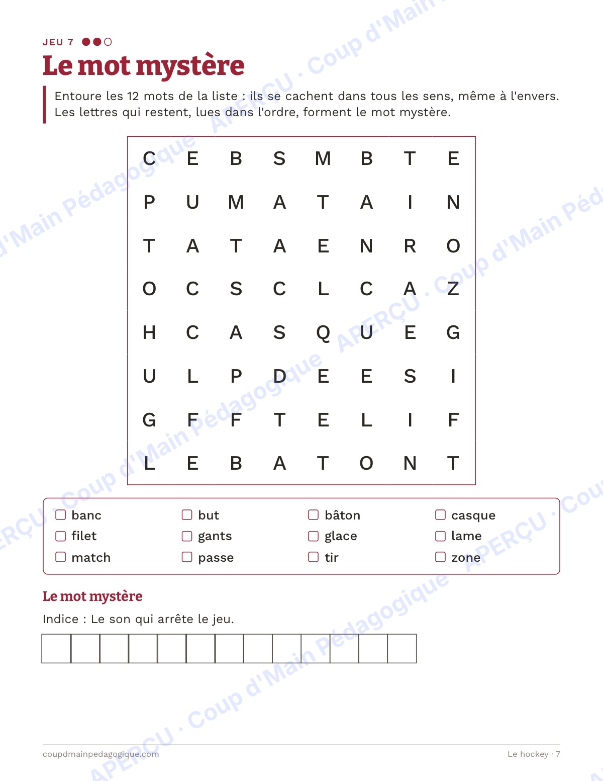 Page 7 — Le hockey — 4e-6e année, cahier de jeux de vocabulaire