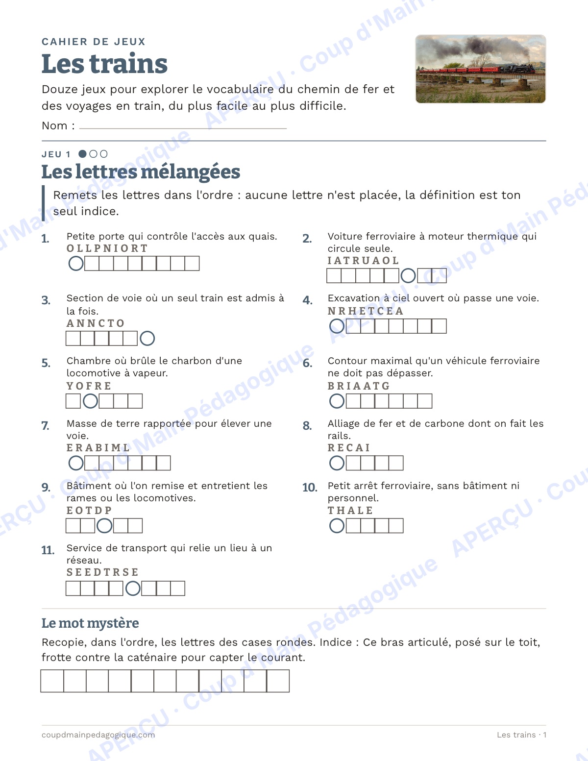 Page 1 — Les trains — 10e-12e année, jeux de vocabulaire