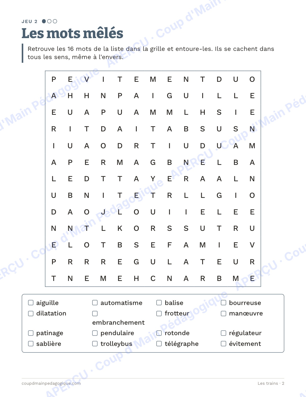 Page 2 — Les trains — 10e-12e année, jeux de vocabulaire