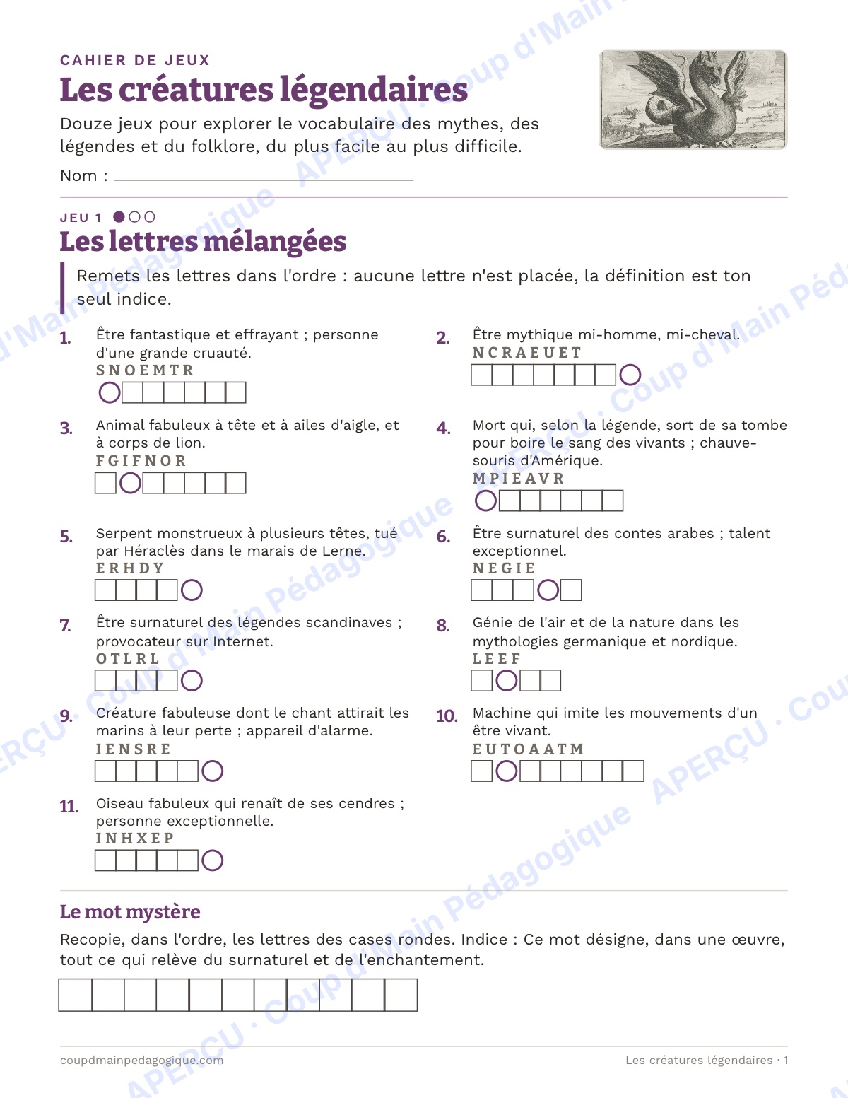 Page 1 — Créatures légendaires — 10e-12e, cahier de jeux