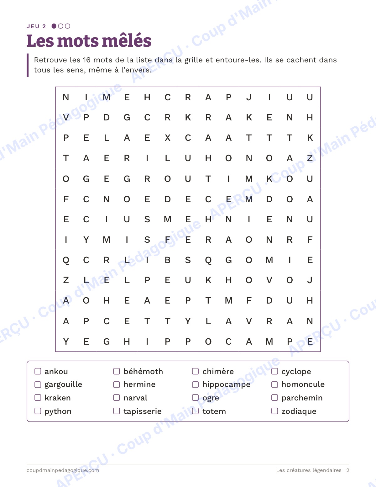 Page 2 — Créatures légendaires — 10e-12e, cahier de jeux