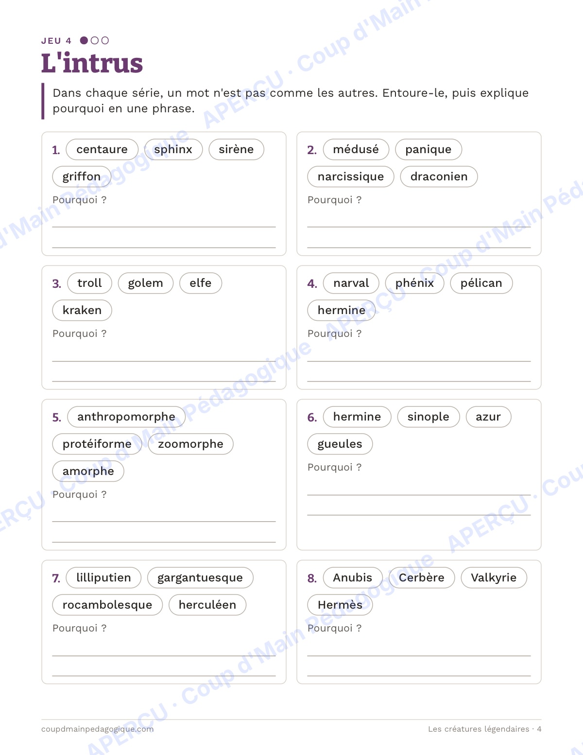 Page 4 — Créatures légendaires — 10e-12e, cahier de jeux