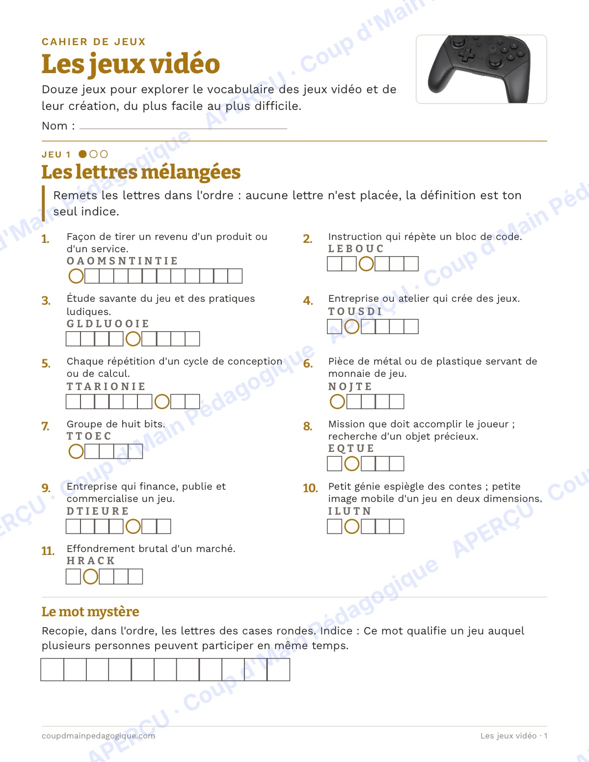 Page 1 — Les jeux vidéo — 10e-12e, jeux de vocabulaire