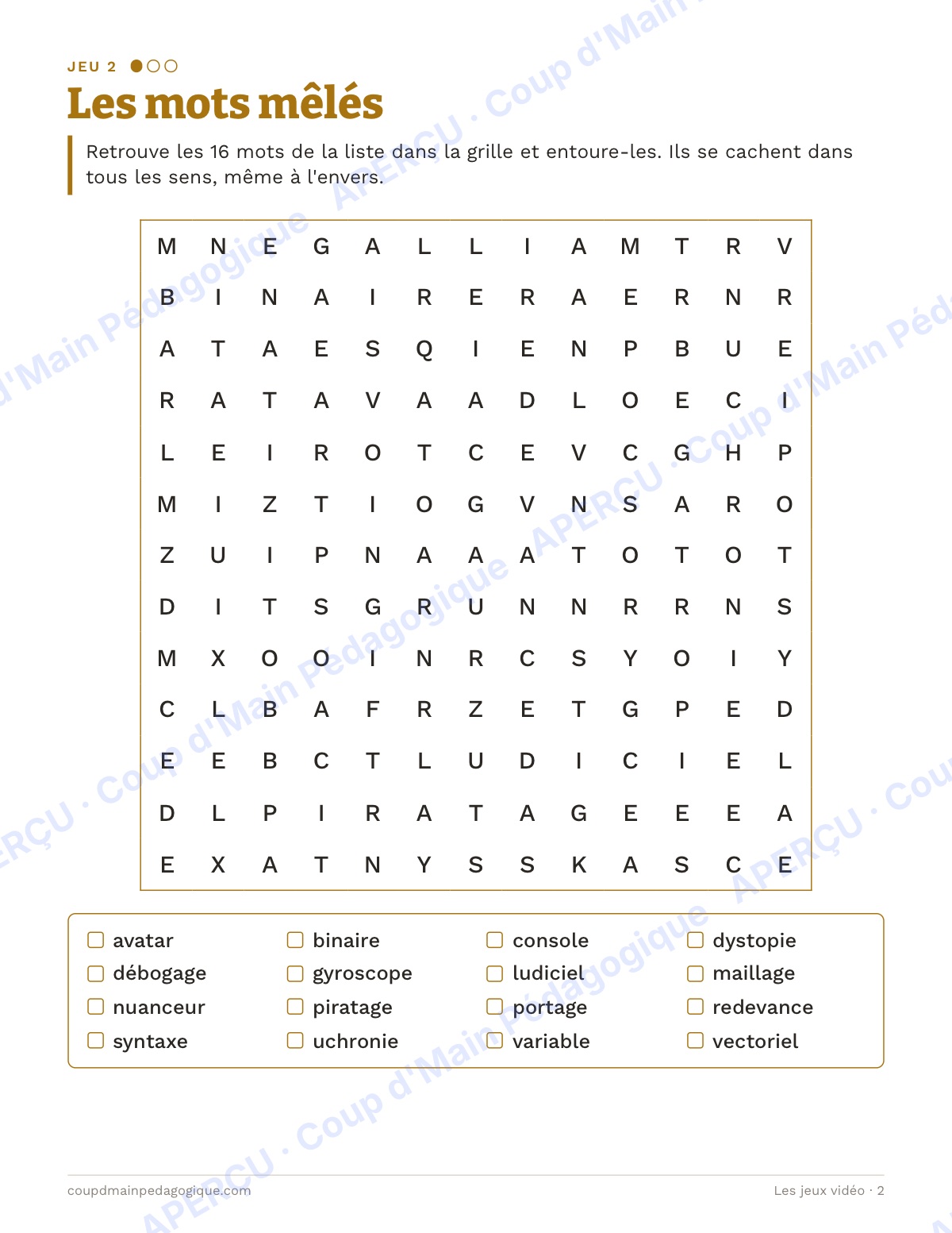 Page 2 — Les jeux vidéo — 10e-12e, jeux de vocabulaire