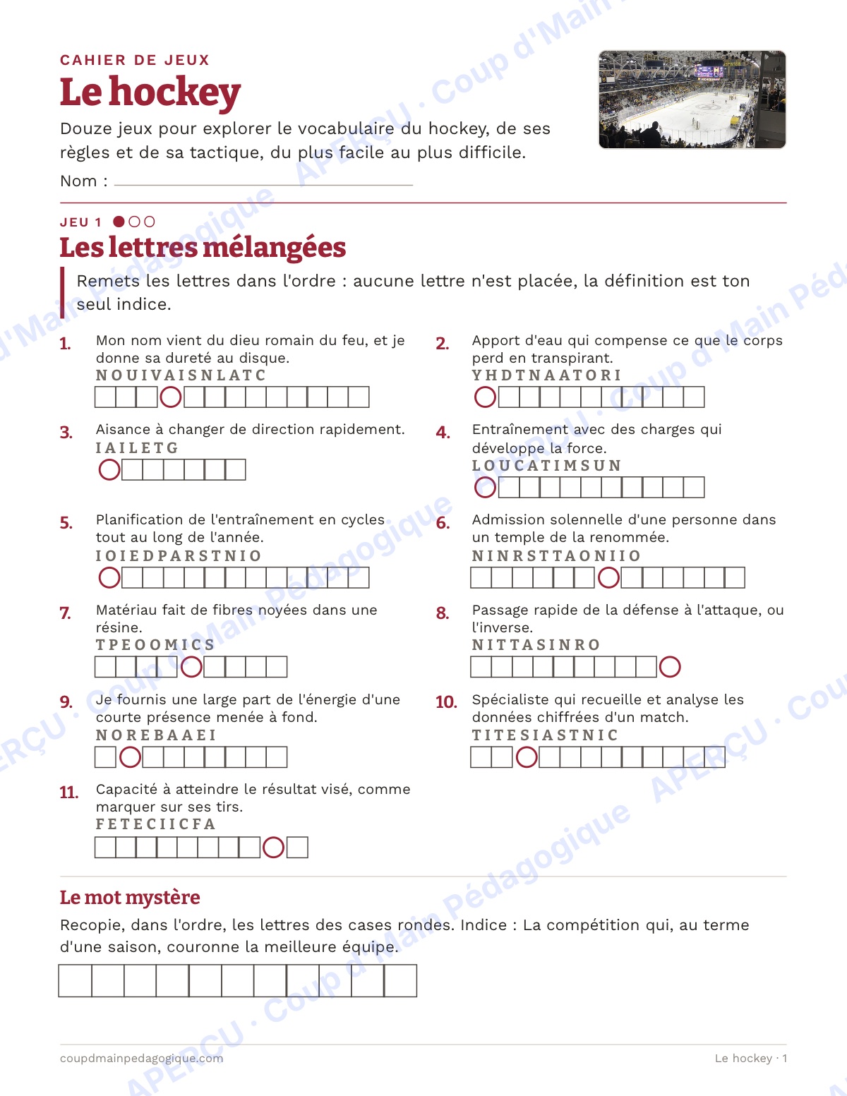 Page 1 — Le hockey — 10e-12e année, jeux de vocabulaire