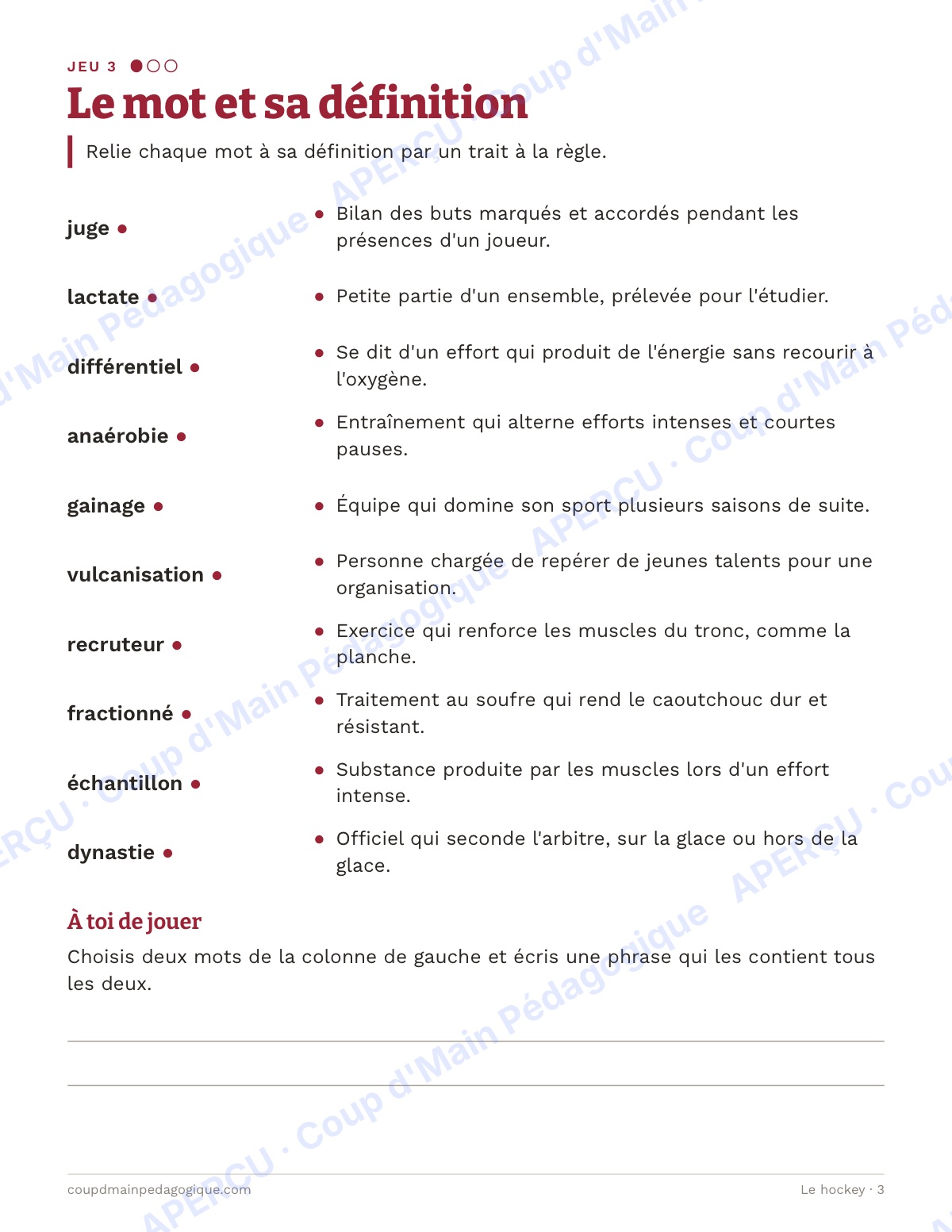 Page 3 — Le hockey — 10e-12e année, jeux de vocabulaire