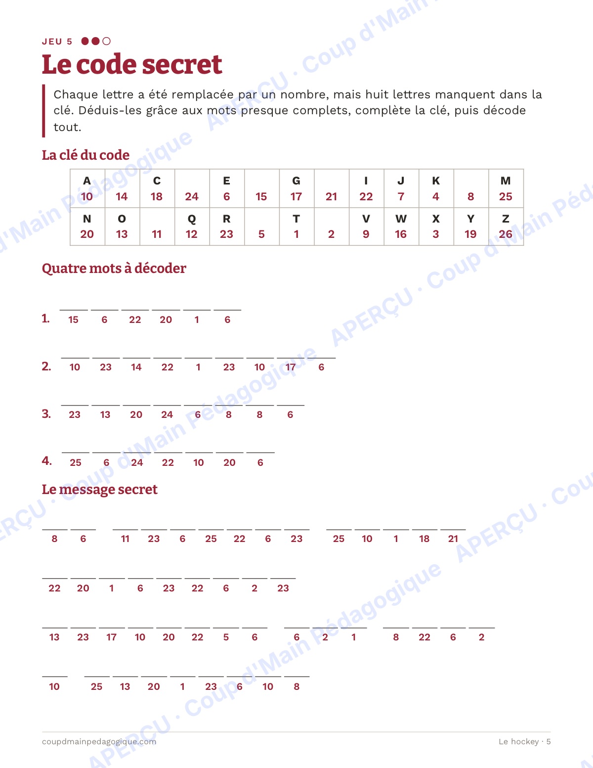 Page 5 — Le hockey — 10e-12e année, jeux de vocabulaire