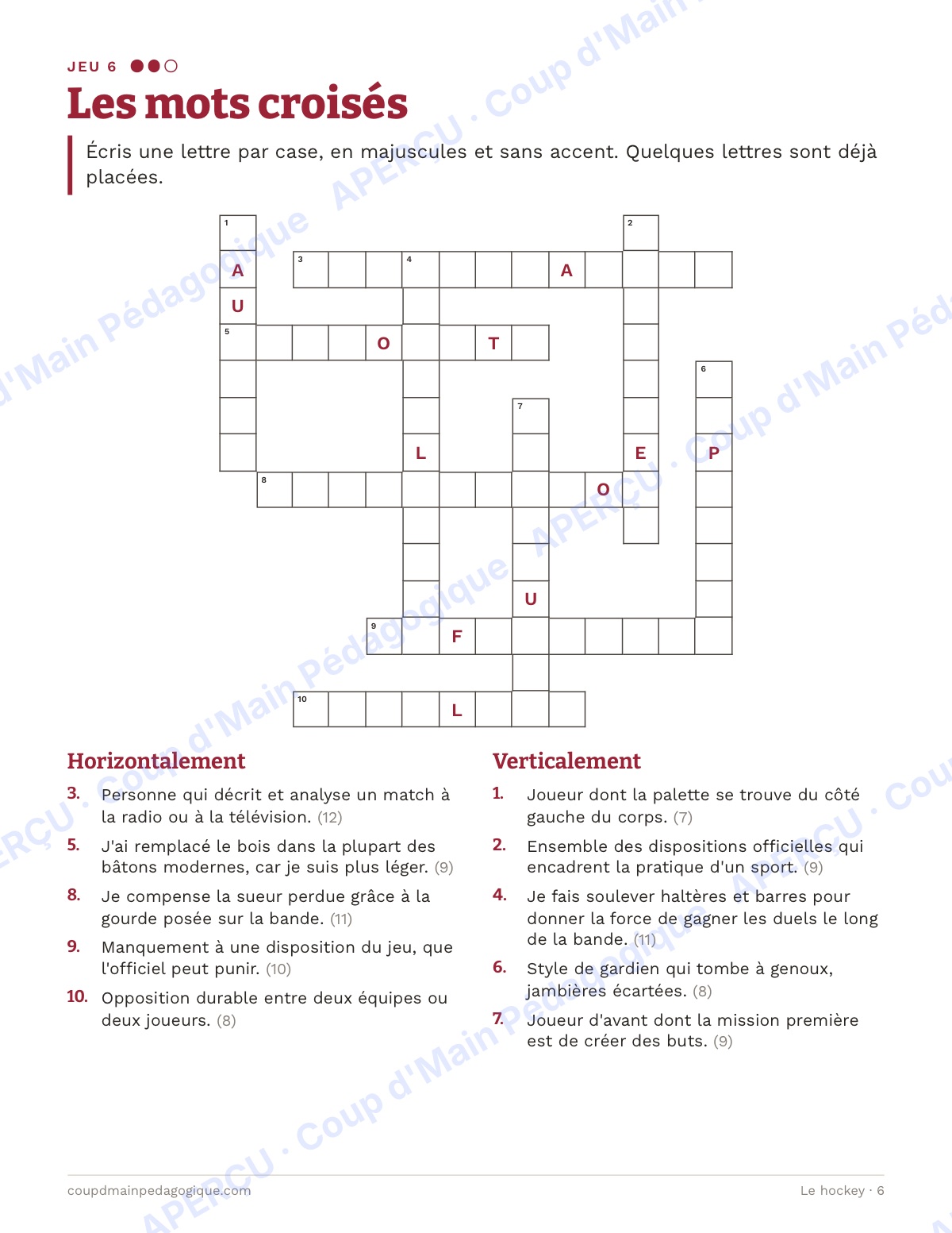 Page 6 — Le hockey — 10e-12e année, jeux de vocabulaire
