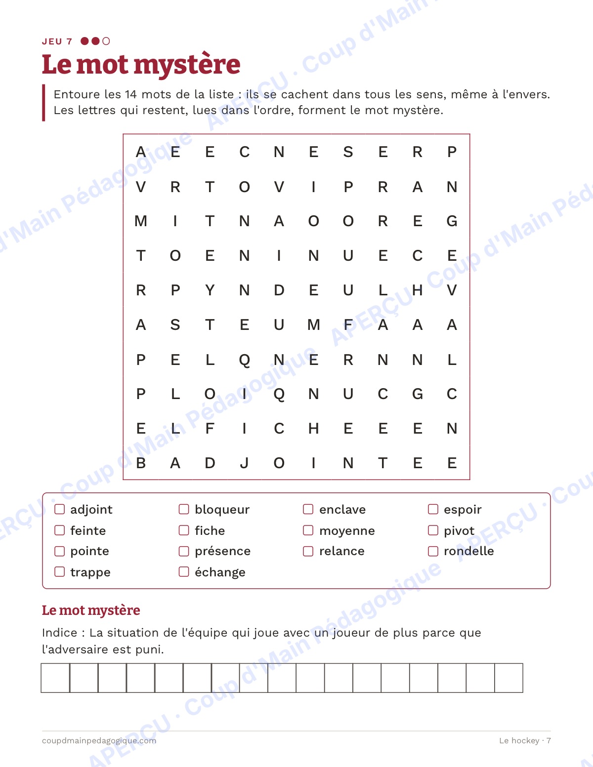 Page 7 — Le hockey — 10e-12e année, jeux de vocabulaire