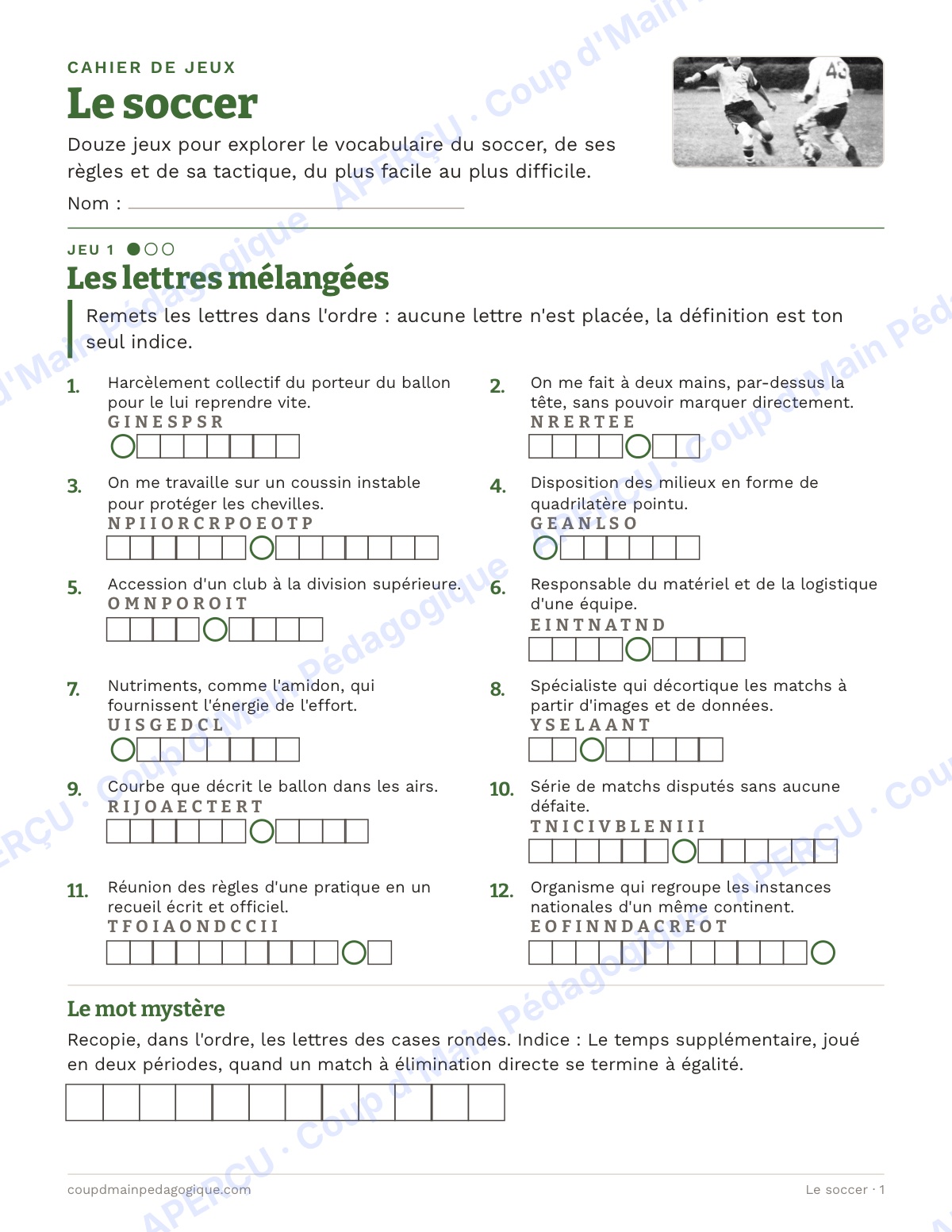 Page 1 — Le soccer — 10e-12e année, jeux de vocabulaire