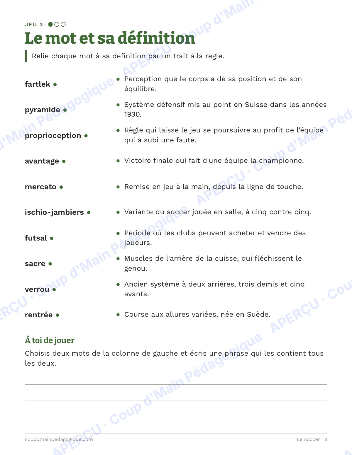 Page 3 — Le soccer — 10e-12e année, jeux de vocabulaire