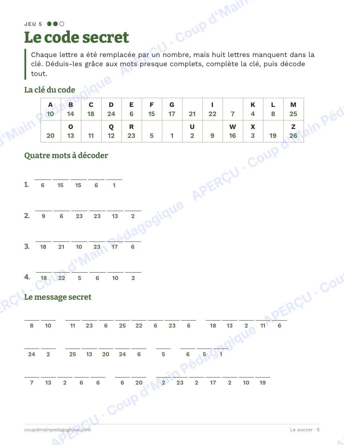 Page 5 — Le soccer — 10e-12e année, jeux de vocabulaire