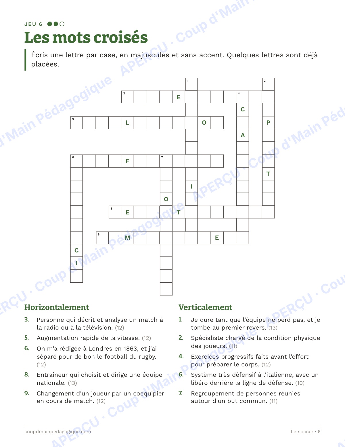 Page 6 — Le soccer — 10e-12e année, jeux de vocabulaire