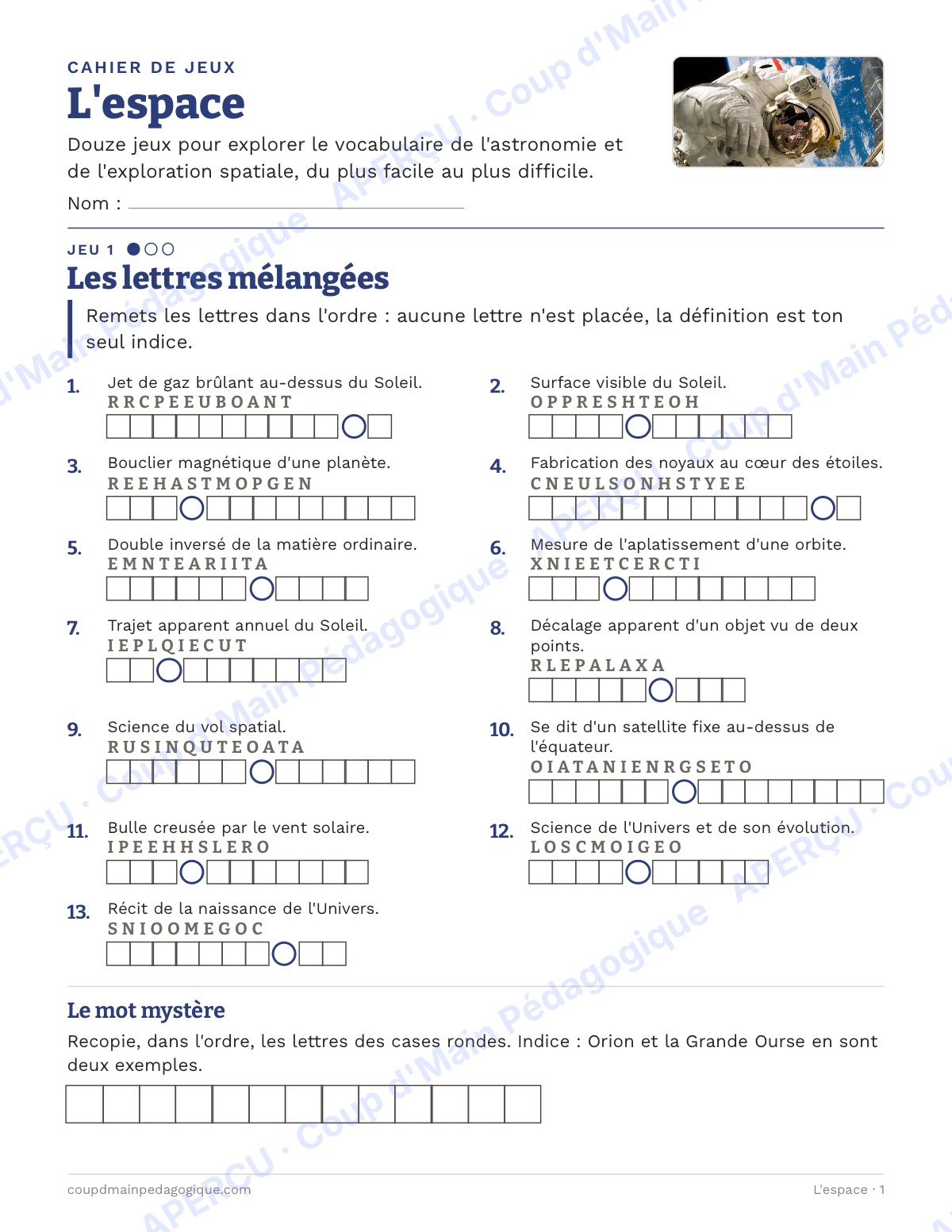 Page 1 — L'espace — 10e-12e année, jeux de vocabulaire