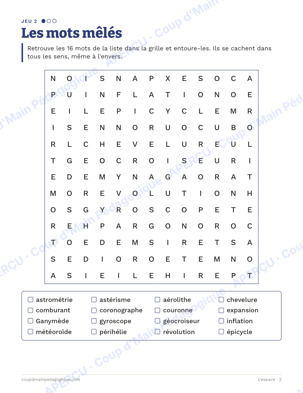 Page 2 — L'espace — 10e-12e année, jeux de vocabulaire