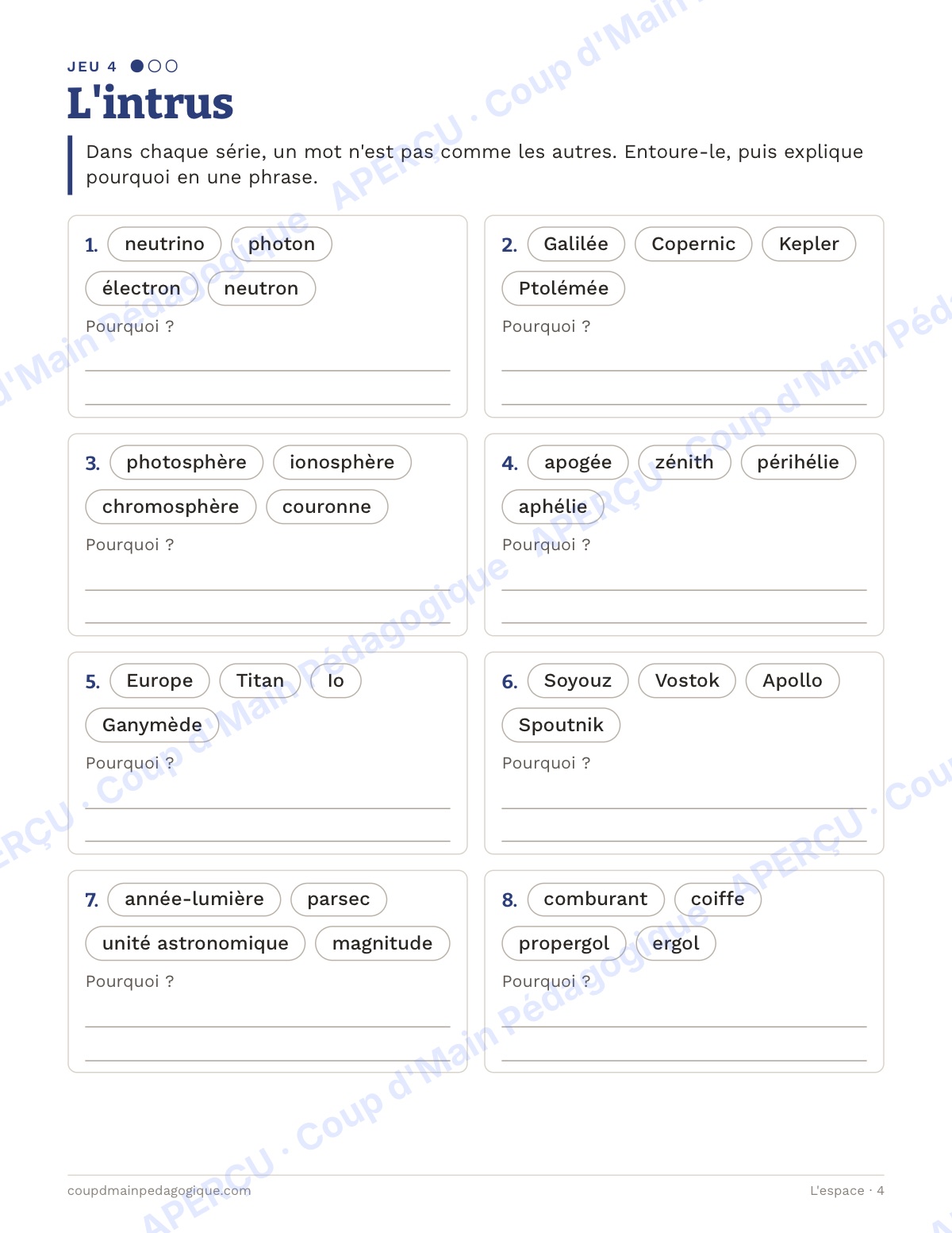 Page 4 — L'espace — 10e-12e année, jeux de vocabulaire