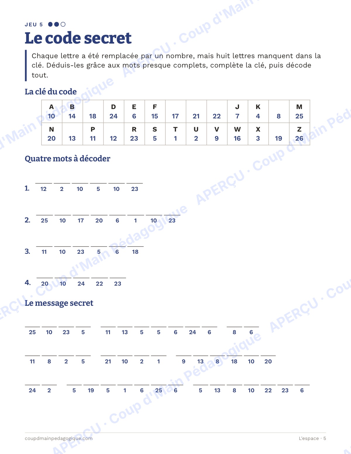 Page 5 — L'espace — 10e-12e année, jeux de vocabulaire
