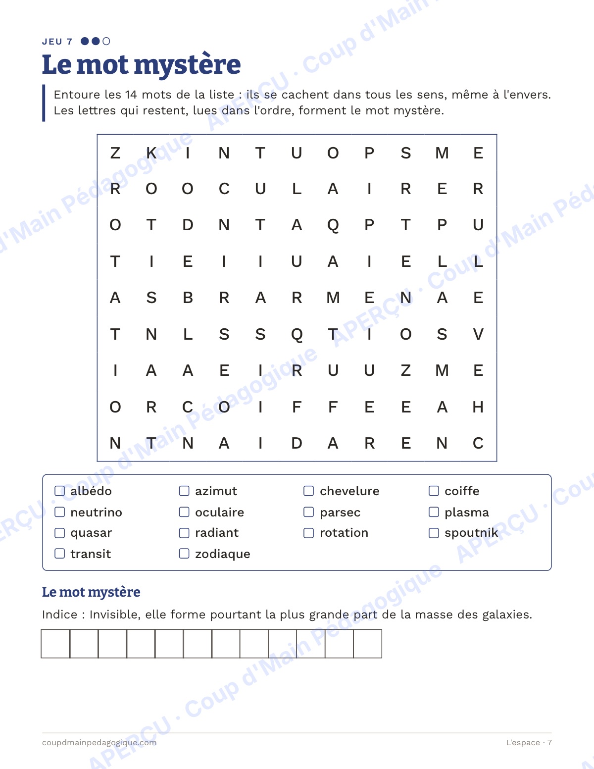 Page 7 — L'espace — 10e-12e année, jeux de vocabulaire