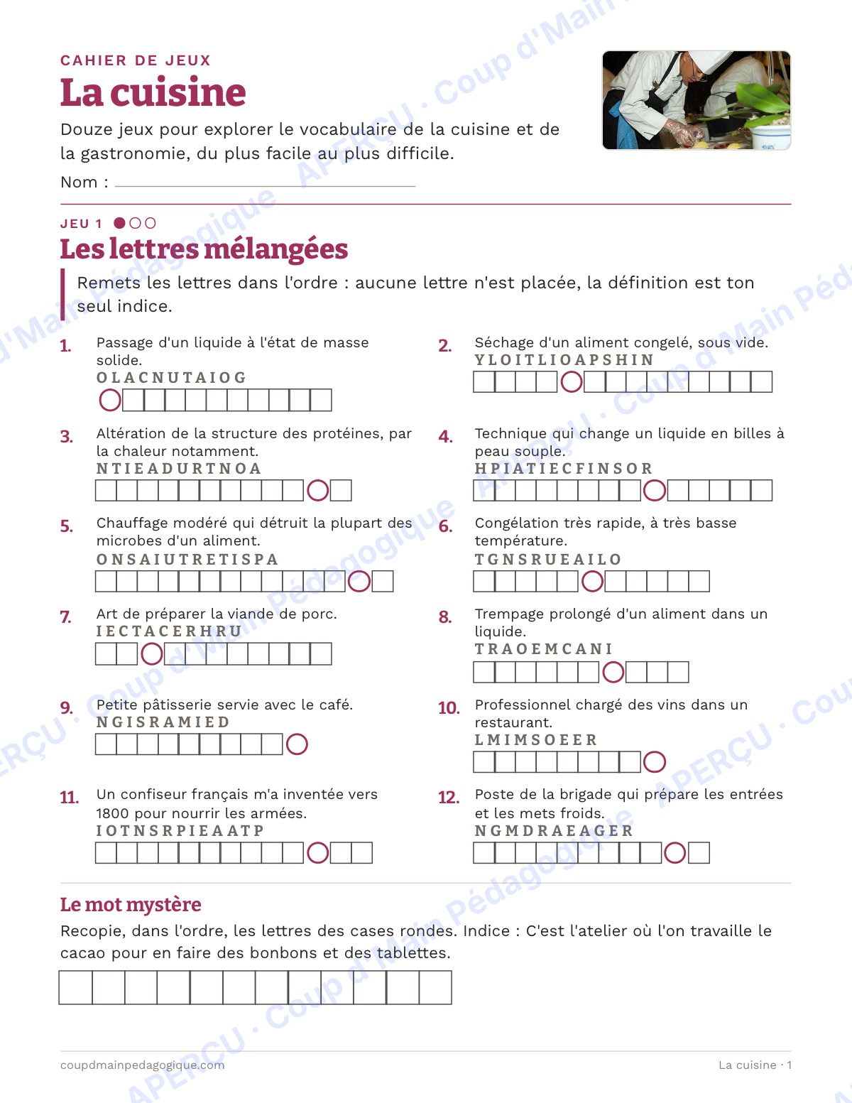 Page 1 — La cuisine — 10e-12e année, jeux de vocabulaire