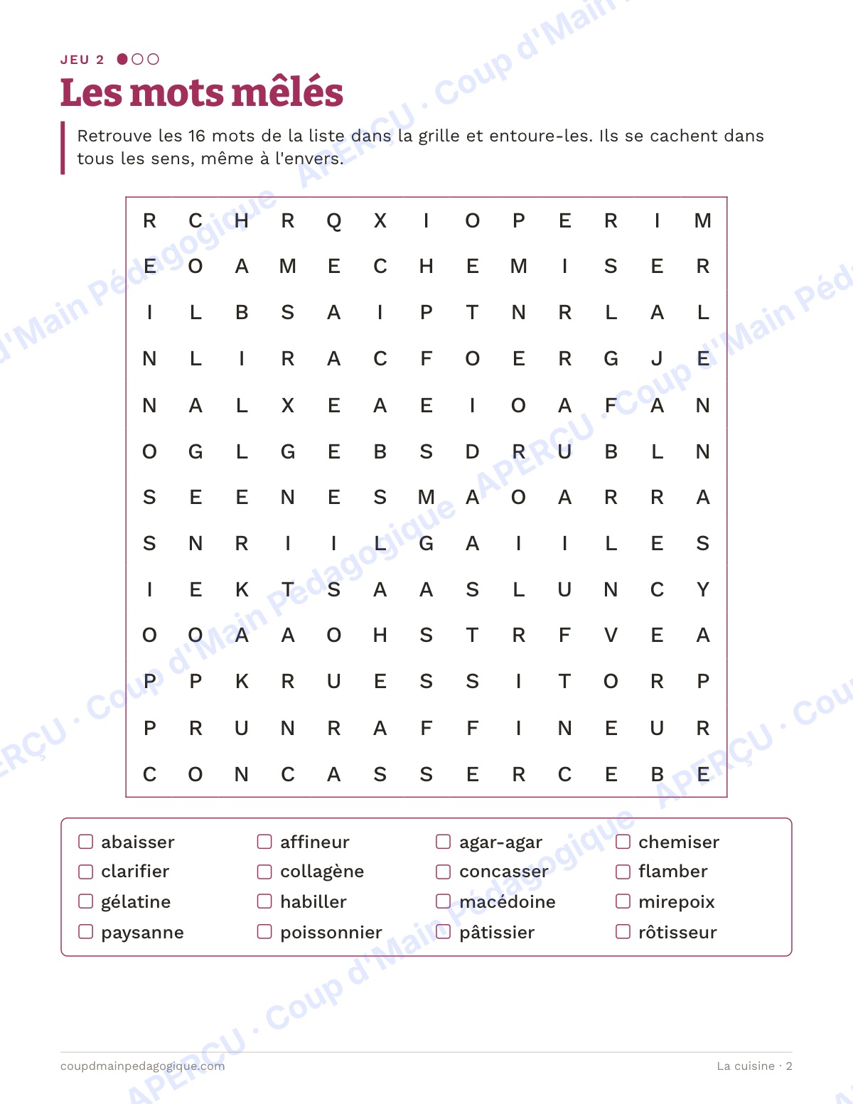 Page 2 — La cuisine — 10e-12e année, jeux de vocabulaire