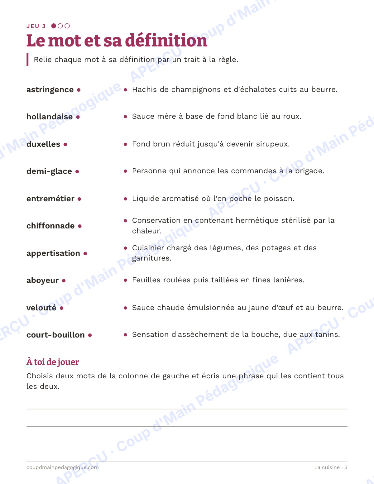 Page 3 — La cuisine — 10e-12e année, jeux de vocabulaire