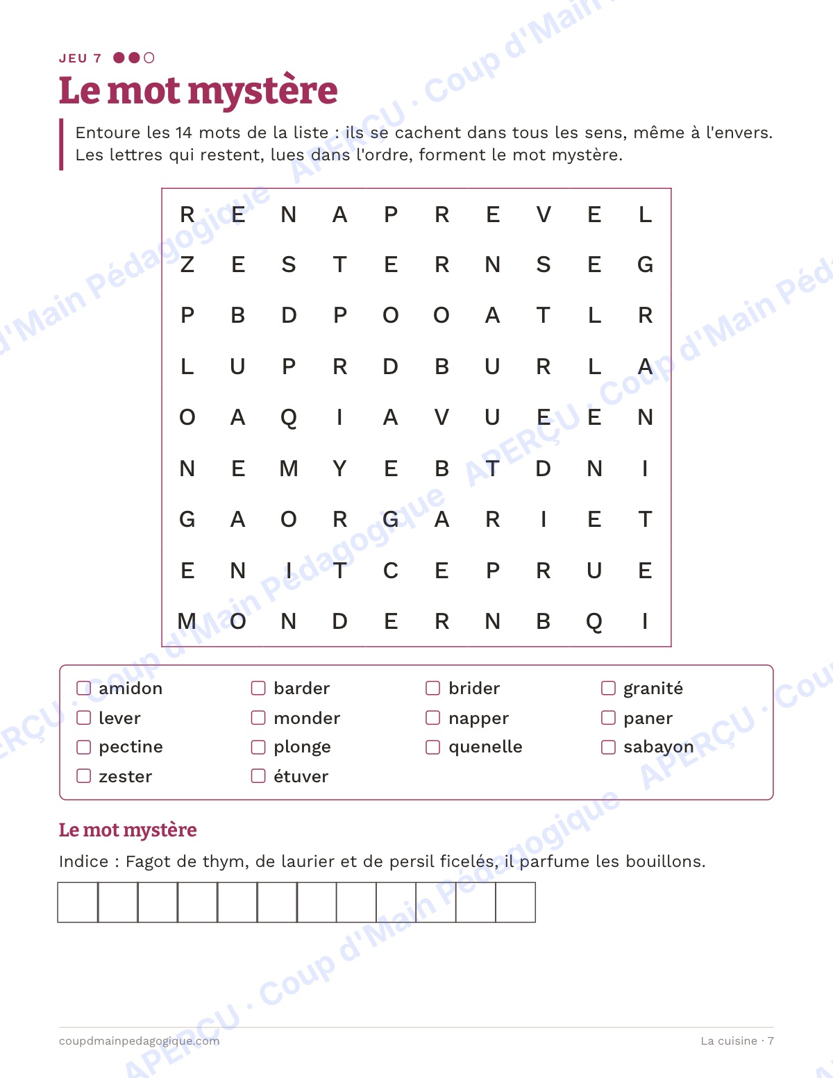 Page 7 — La cuisine — 10e-12e année, jeux de vocabulaire
