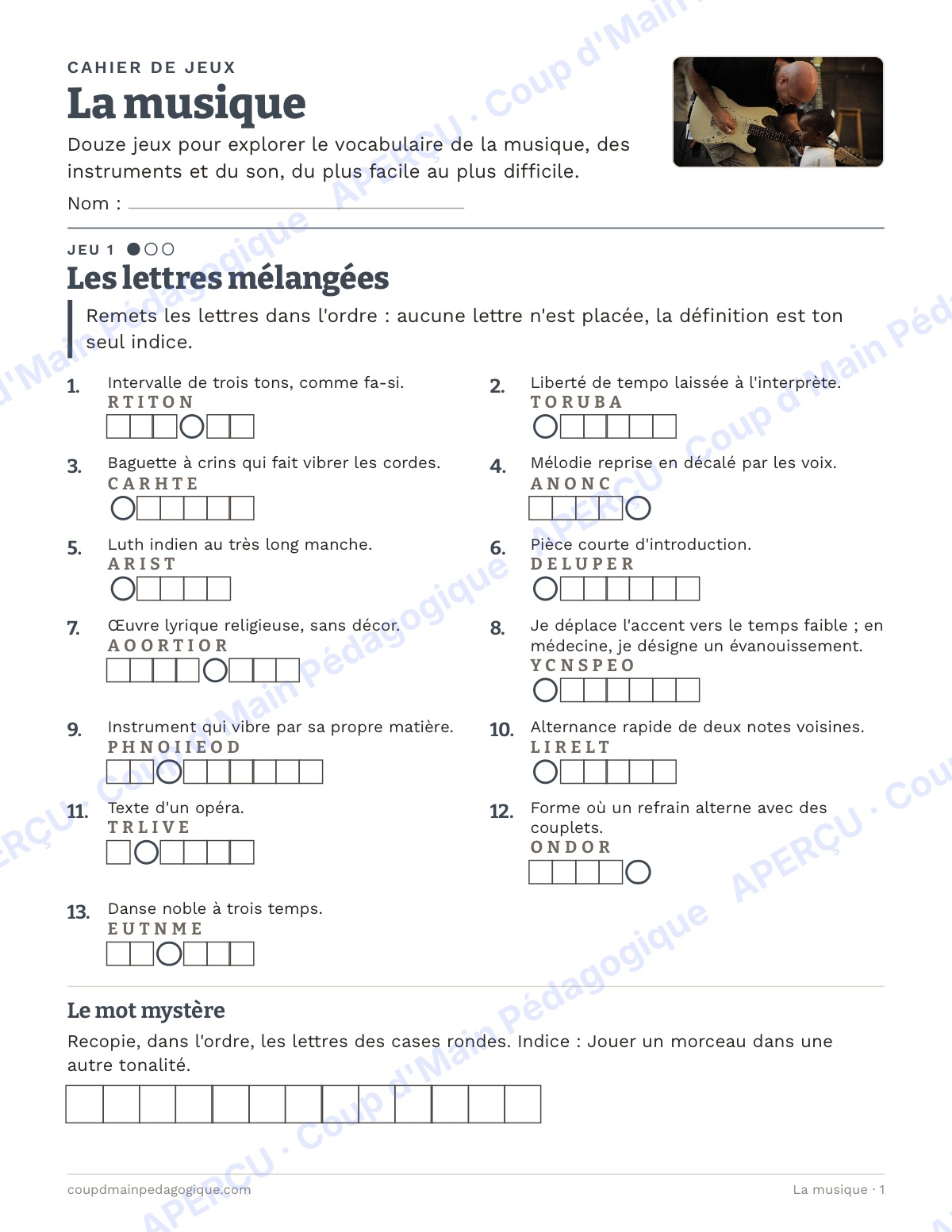 Page 1 — La musique — 10e-12e année, jeux de vocabulaire