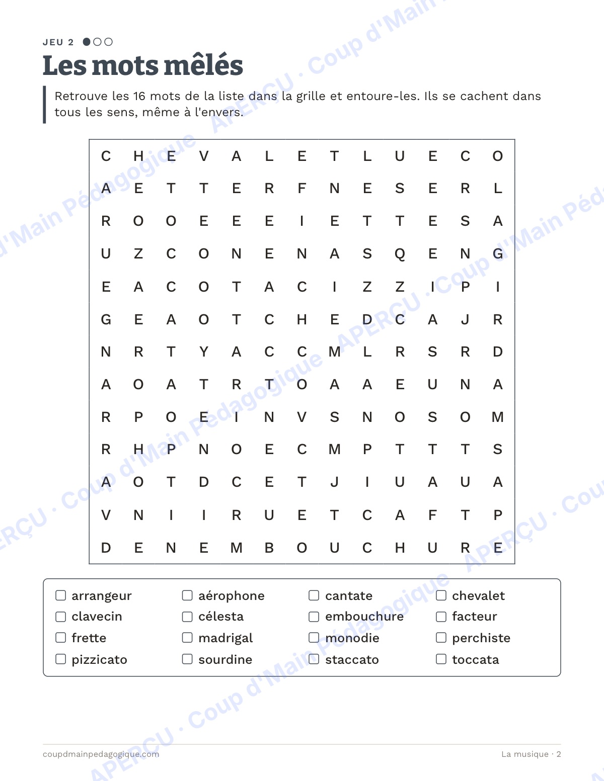 Page 2 — La musique — 10e-12e année, jeux de vocabulaire