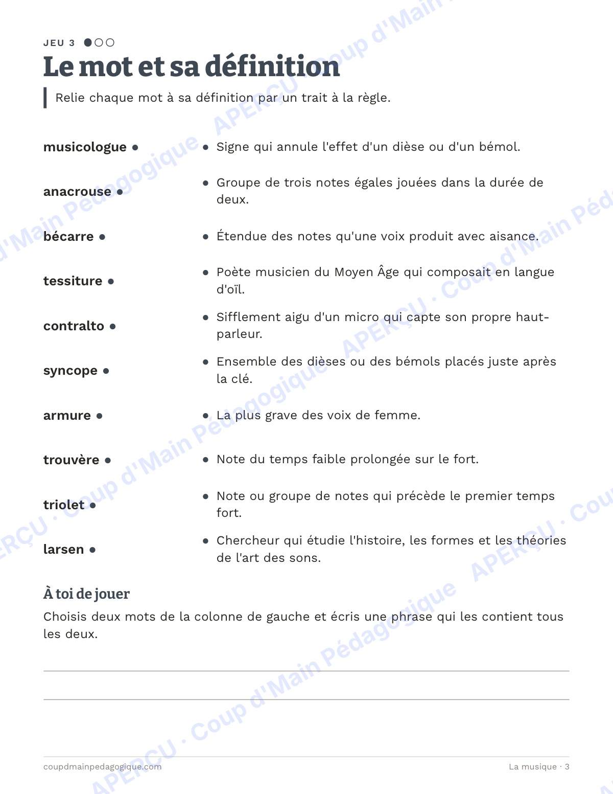 Page 3 — La musique — 10e-12e année, jeux de vocabulaire