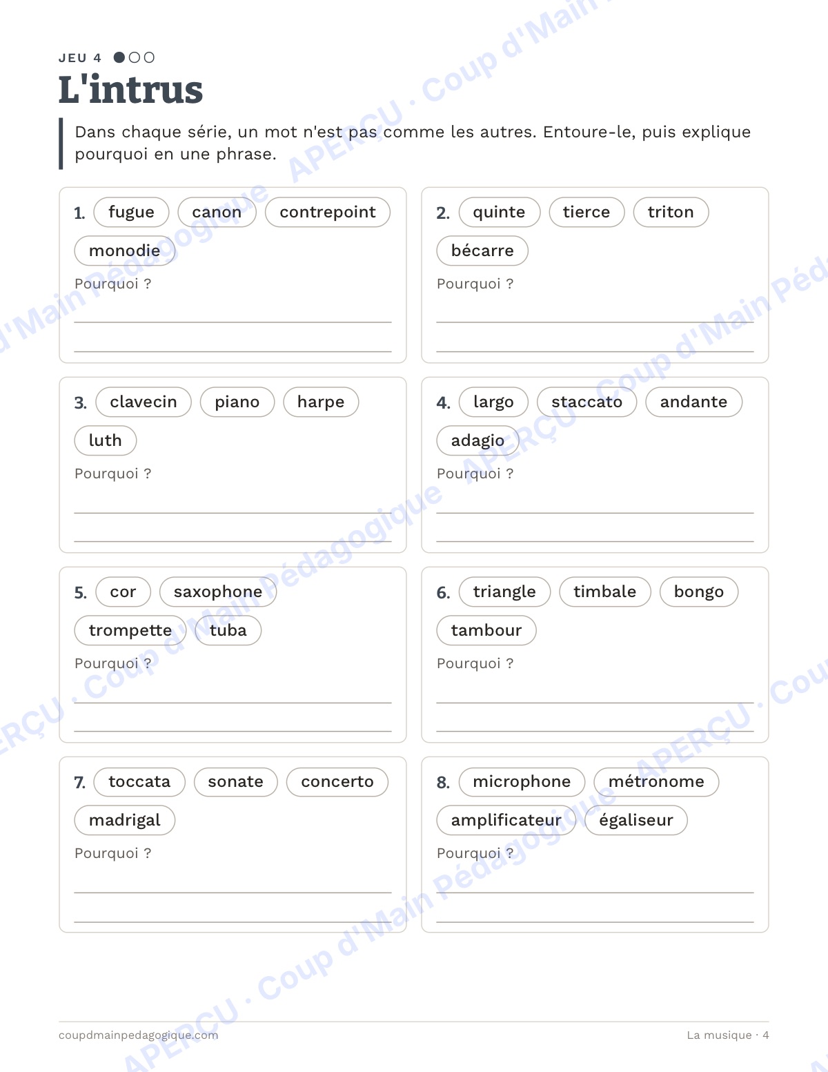 Page 4 — La musique — 10e-12e année, jeux de vocabulaire