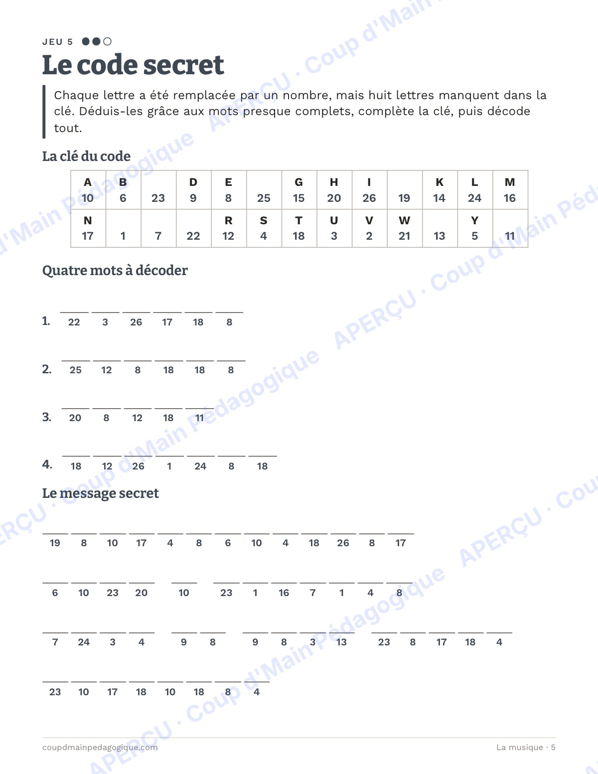 Page 5 — La musique — 10e-12e année, jeux de vocabulaire
