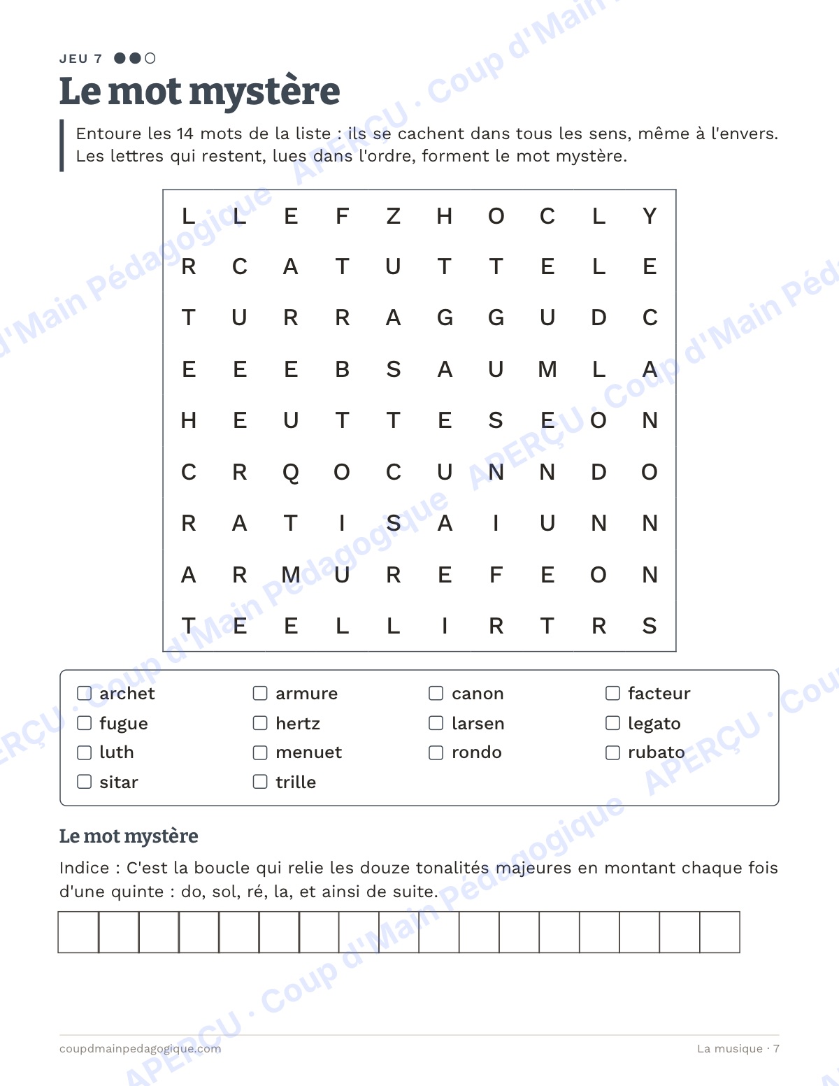 Page 7 — La musique — 10e-12e année, jeux de vocabulaire