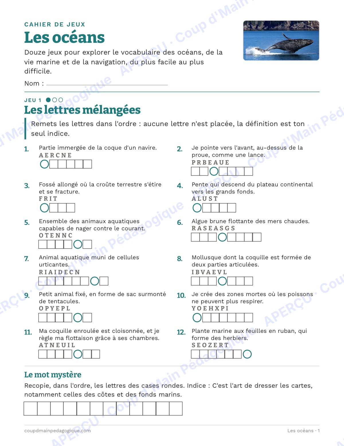 Page 1 — Les océans — 10e-12e année, jeux de vocabulaire